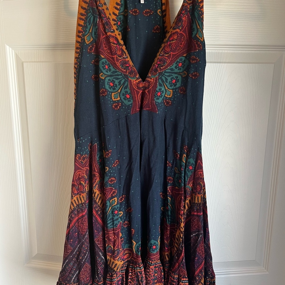 Free People Blue and Red Sundress Halter Sleeveless Midi